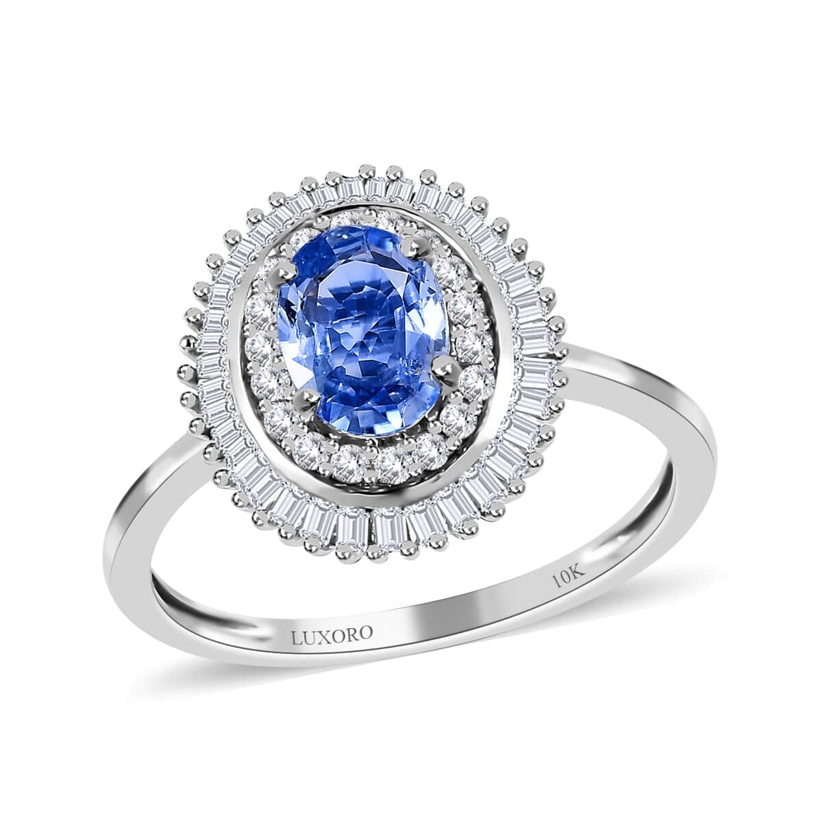 Luxoro 10K White Gold Premium Ceylon Blue Sapphire and Diamond Double Halo Ring (Size 10.0) 1.20 ctw image number 0