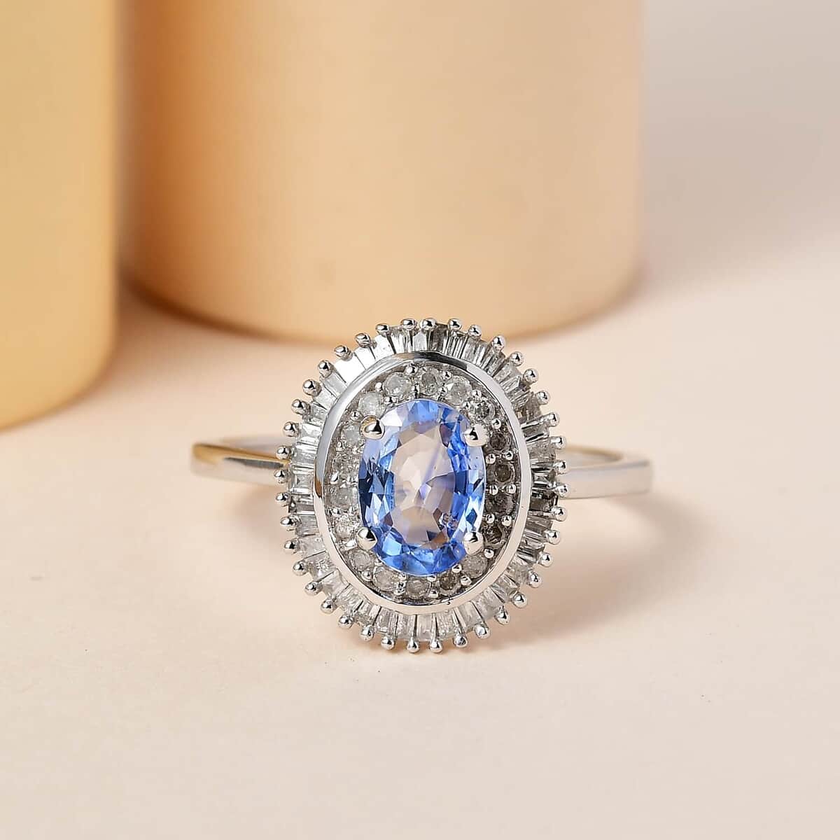 Luxoro 10K White Gold Premium Ceylon Blue Sapphire and Diamond Double Halo Ring (Size 10.0) 1.20 ctw image number 1
