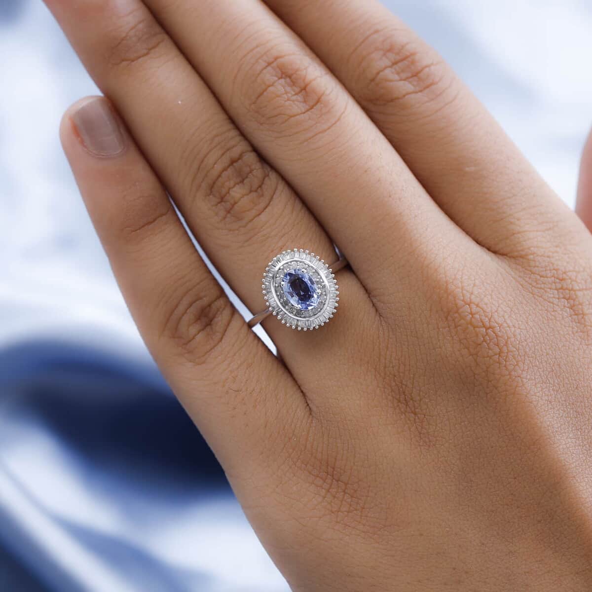 Luxoro 10K White Gold Premium Ceylon Blue Sapphire and Diamond Double Halo Ring (Size 10.0) 1.20 ctw image number 2