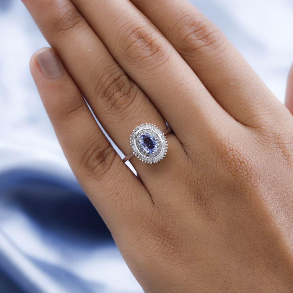 Luxoro 10K White Gold Premium Ceylon Blue Sapphire and Diamond Double Halo Ring (Size 6.0) 1.20 ctw image number 2