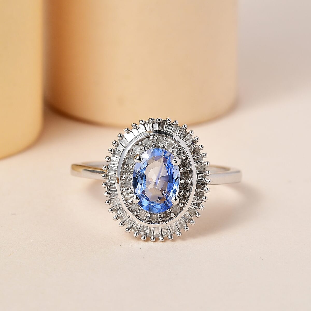 Luxoro 10K White Gold Premium Ceylon Blue Sapphire and Diamond Double Halo Ring (Size 7.0) 1.20 ctw image number 1