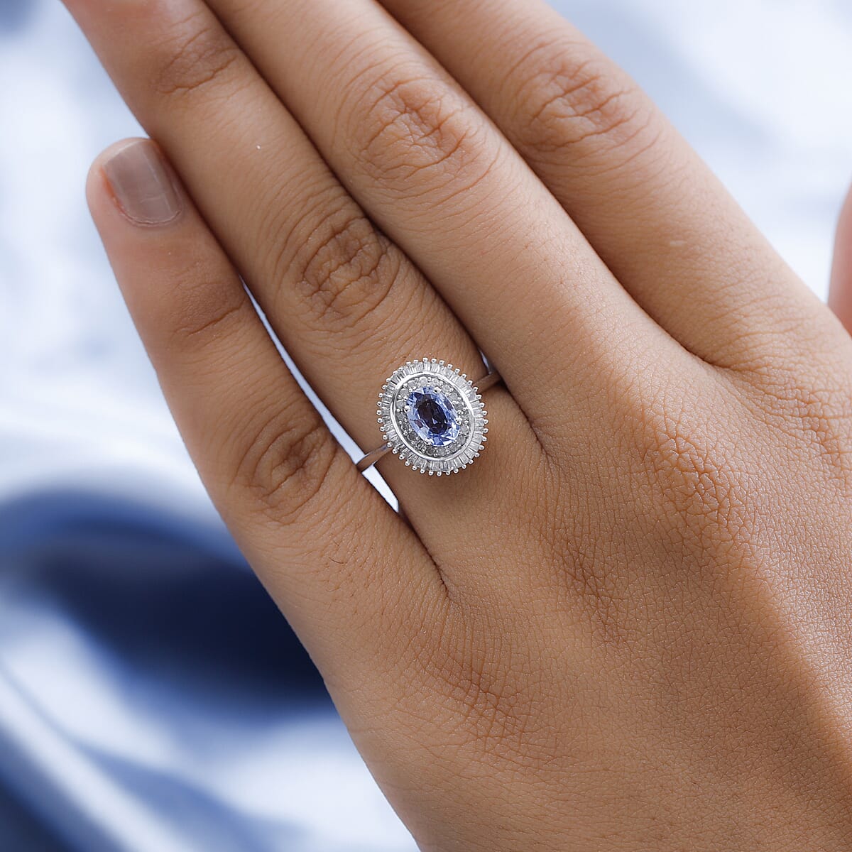 Luxoro 10K White Gold Premium Ceylon Blue Sapphire and Diamond Double Halo Ring (Size 8.0) 1.20 ctw image number 2