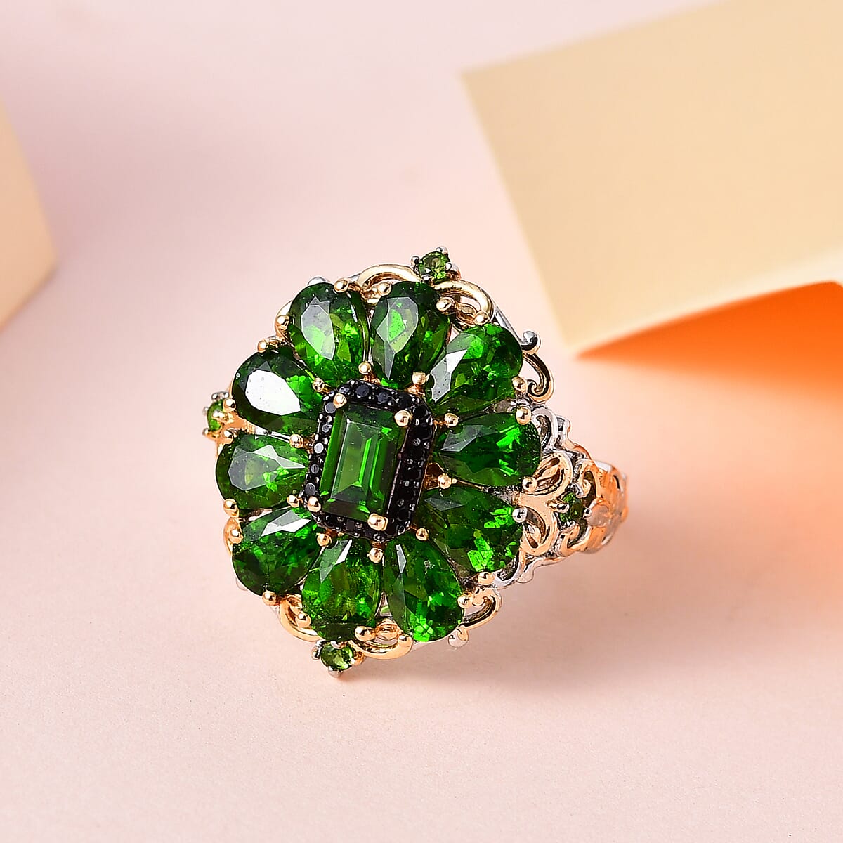 Chrome Diopside and Thai Black Spinel Cluster Ring in Vermeil YG and Platinum Over Sterling Silver (Size 9.0) 4.50 ctw image number 1