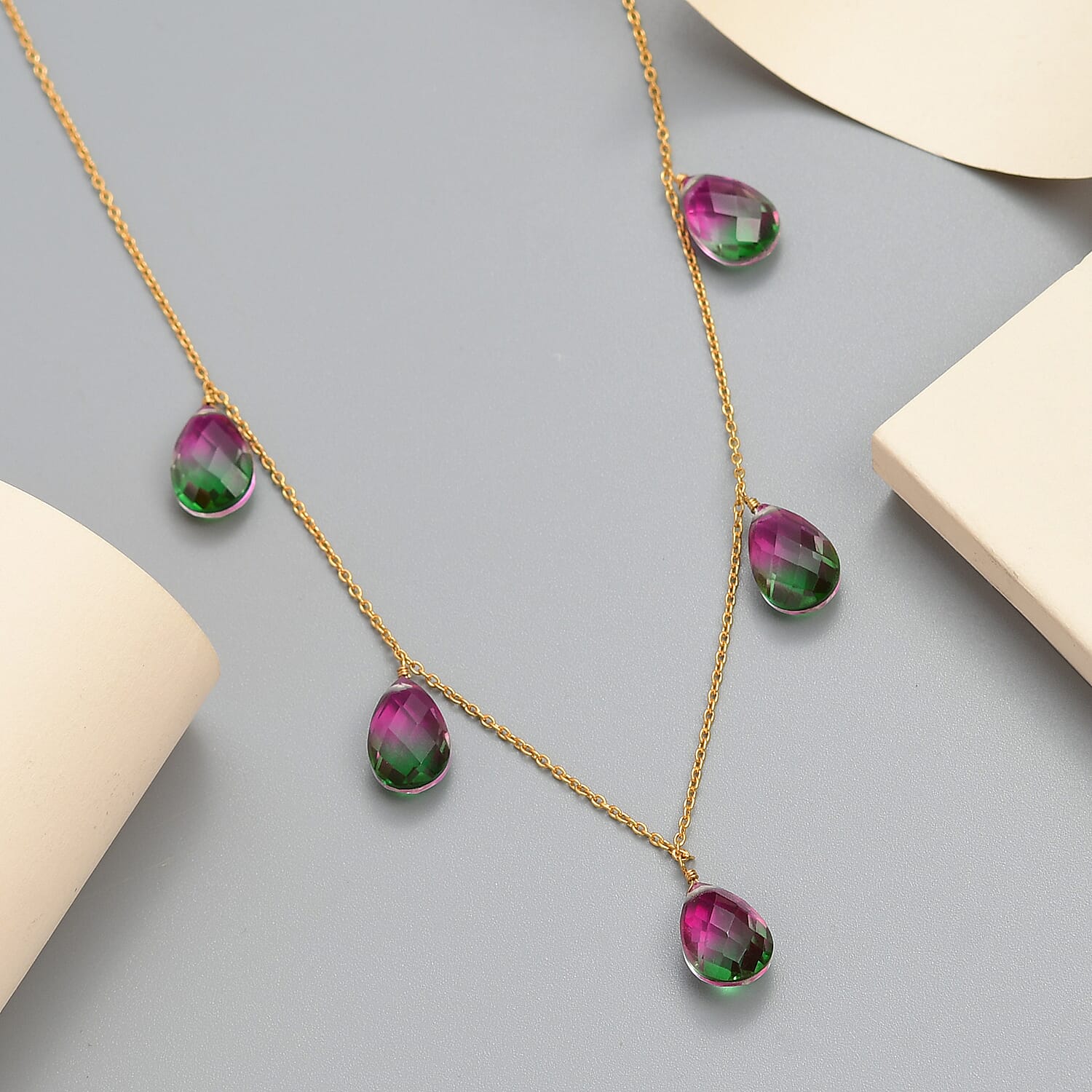 Watermelon Quartz (Triplet) Station Necklace 18 Inches in 14K Yellow Gold Over Sterling Silver 19.50 ctw