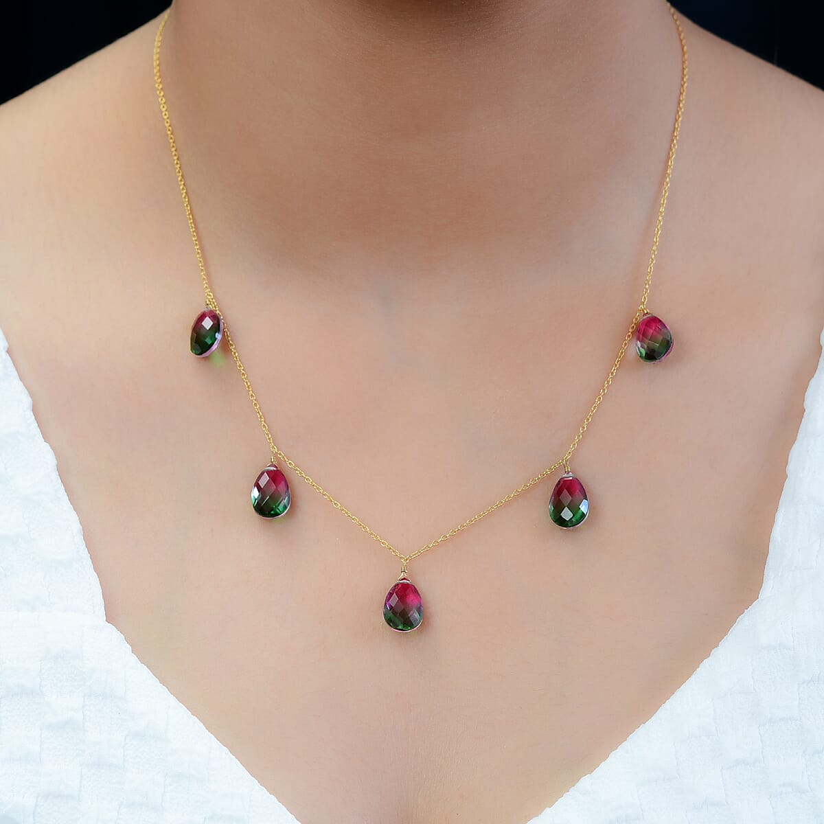 Watermelon Quartz (Triplet) Station Necklace 18 Inches in 14K Yellow Gold Over Sterling Silver 19.50 ctw image number 2