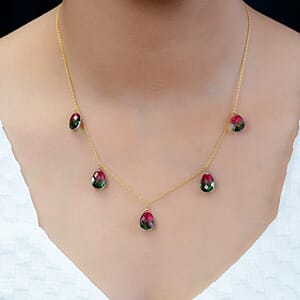 Watermelon Quartz (Triplet) Station Necklace 18 Inches in 14K Yellow Gold Over Sterling Silver 19.50 ctw
