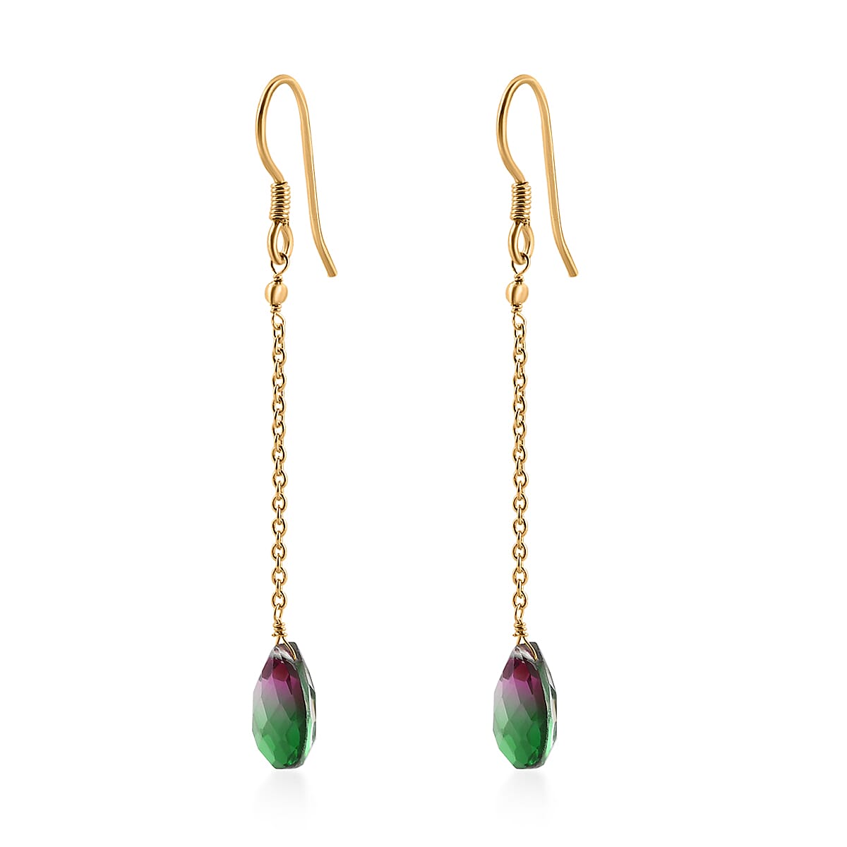 Watermelon Quartz (Triplet) Dangling Earrings in 14K Yellow Gold Over Sterling Silver 7.80 ctw image number 2