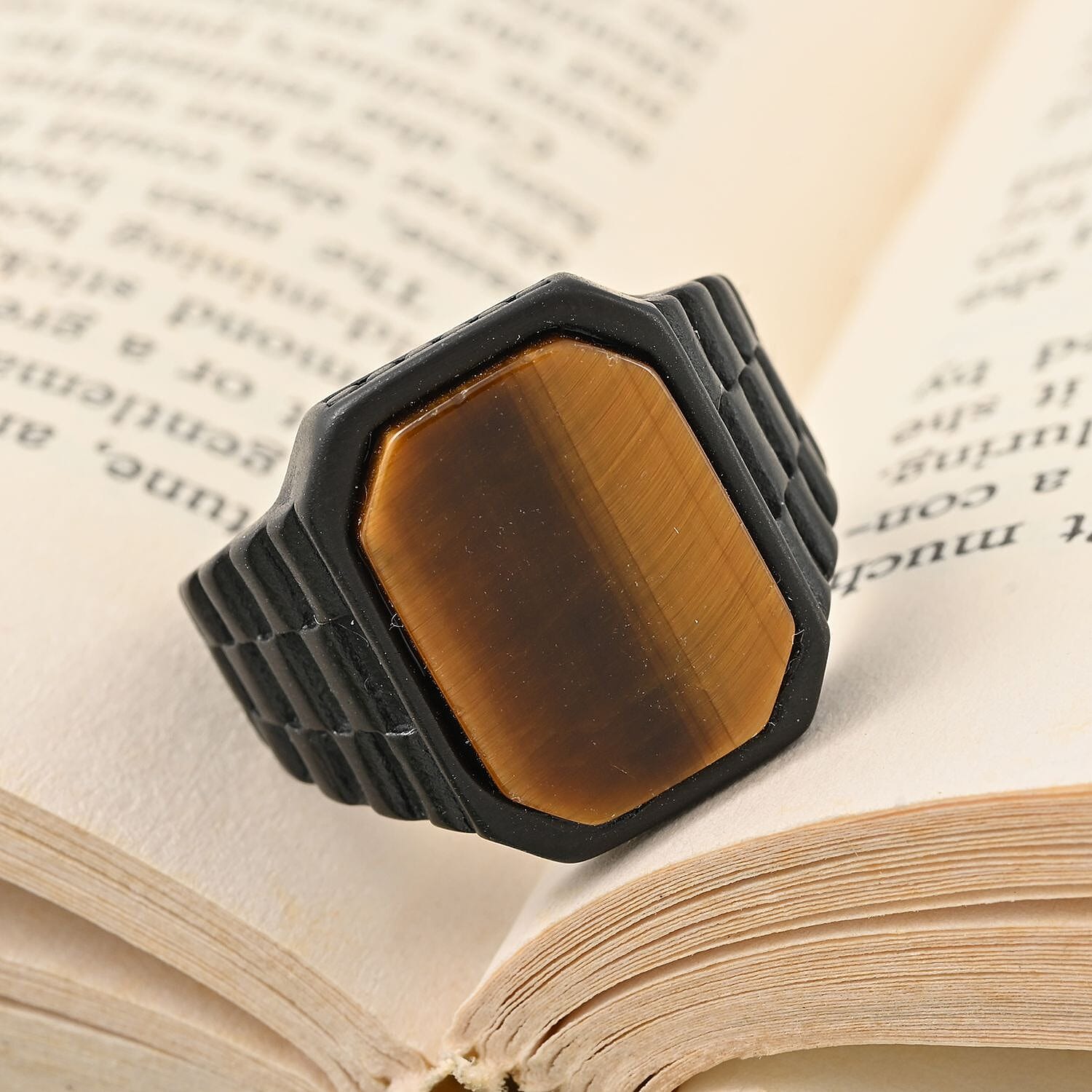 Tiger's Eye Men's Ring in ION Plated Black Stainless Steel (Size 9) 7.50 ctw