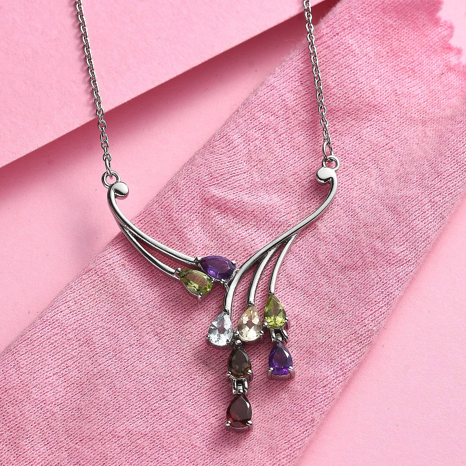 EverTrue Multi Gemstone Necklace (18 Inches) in Stainless Steel 3.35 ctw | Tarnish-Free, Waterproof, Sweat Proof Jewelry