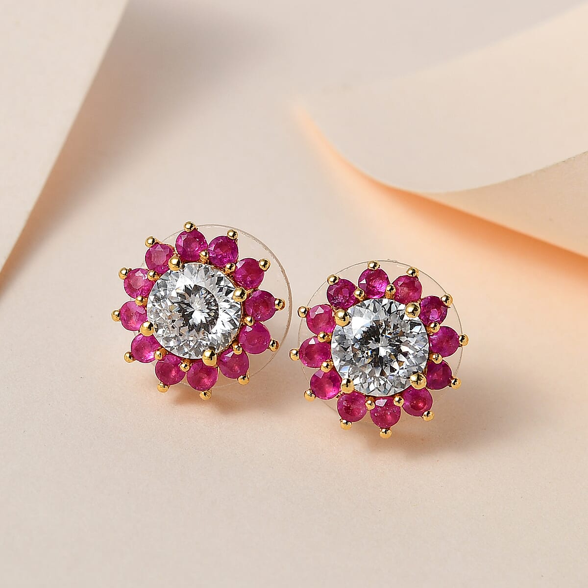 120 Facets Moissanite and Niassa Ruby (FF) Floral Stud Earrings in Vermeil Yellow Gold Over Sterling Silver 2.90 ctw image number 1