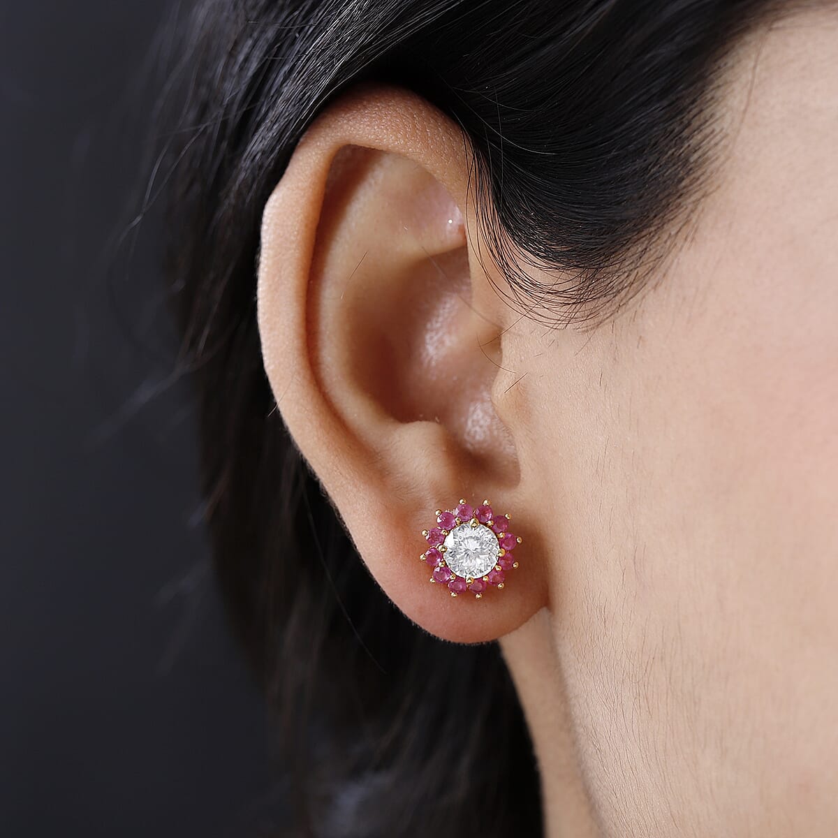 120 Facets Moissanite and Niassa Ruby (FF) Floral Stud Earrings in Vermeil Yellow Gold Over Sterling Silver 2.90 ctw image number 2