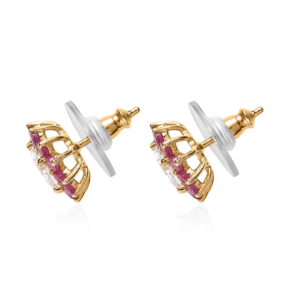 120 Facets Moissanite and Niassa Ruby (FF) Floral Stud Earrings in Vermeil Yellow Gold Over Sterling Silver 2.90 ctw image number 3