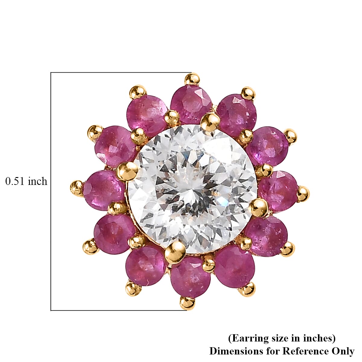 120 Facets Moissanite and Niassa Ruby (FF) Floral Stud Earrings in Vermeil Yellow Gold Over Sterling Silver 2.90 ctw image number 4