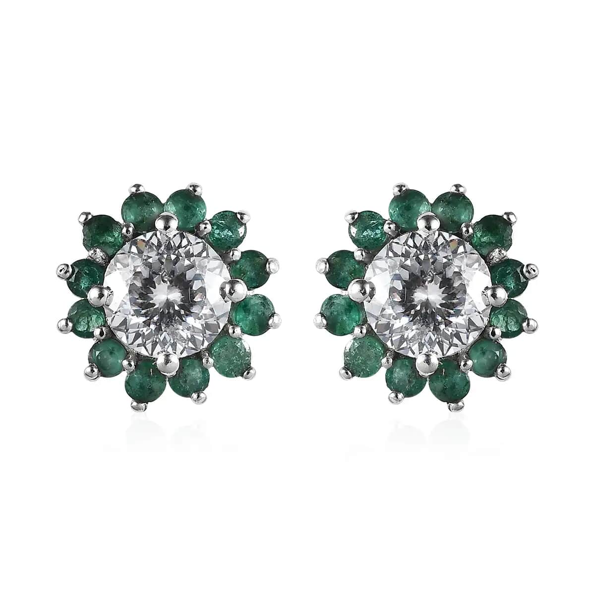 120 Facets Moissanite and Kagem Zambian Emerald Ruby Floral Stud Earrings in Platinum Over Sterling Silver 2.80 ctw image number 0