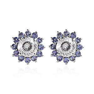 120 Facets Moissanite and Tanzanite Floral Stud Earrings in Platinum Over Sterling Silver 3.00 ctw