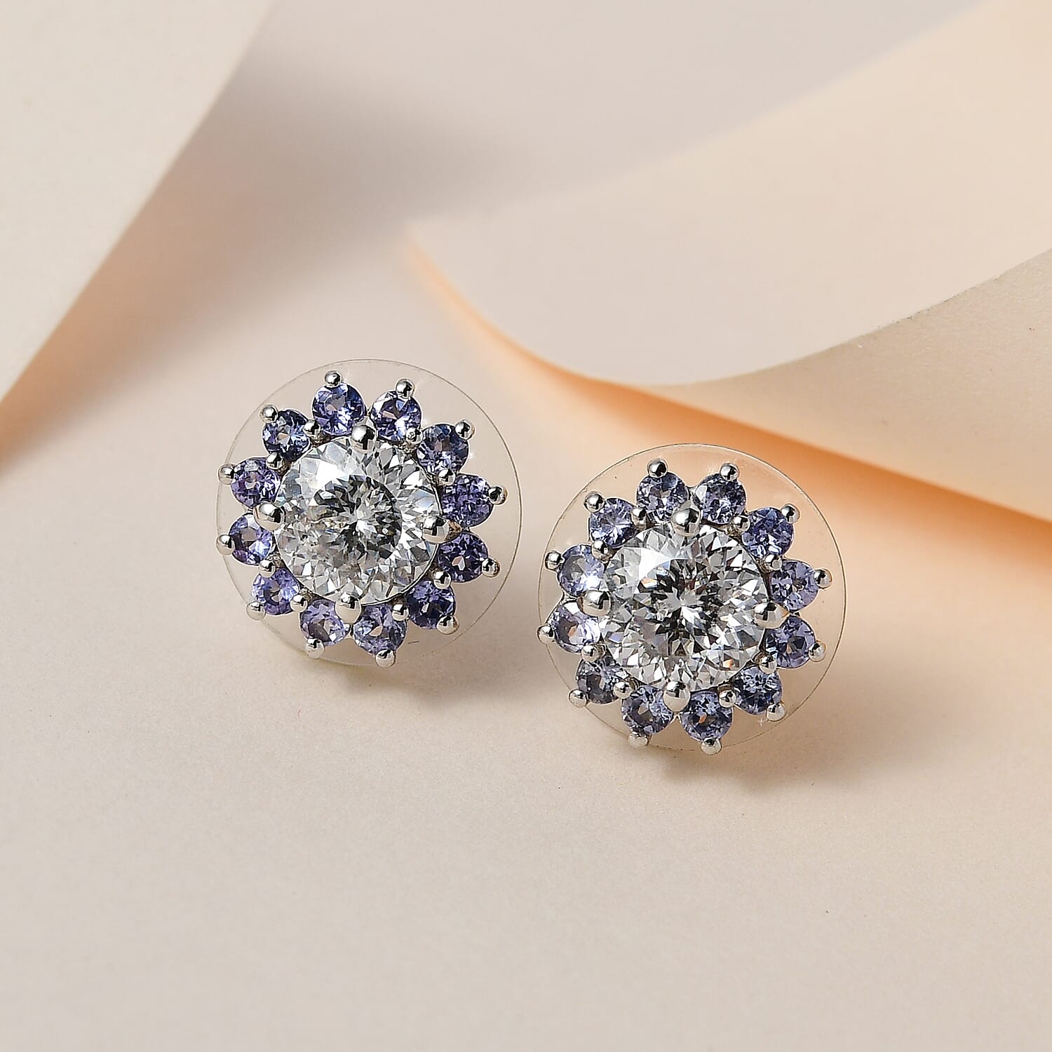 120 Facets Moissanite and Tanzanite Floral Stud Earrings in Platinum Over Sterling Silver 3.00 ctw