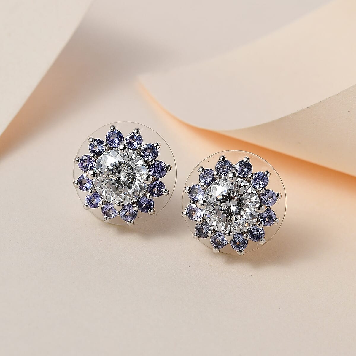 TLV 120 Facets Moissanite (Rnd 6.5mm), Tanzanite Floral Stud Earrings in Platinum Over Sterling Silver 2.90 ctw image number 1