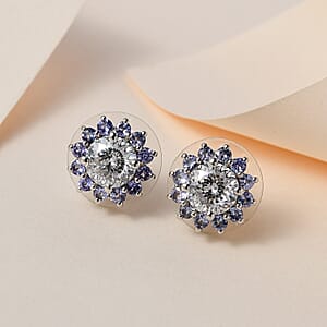120 Facets Moissanite and Tanzanite Floral Stud Earrings in Platinum Over Sterling Silver 3.00 ctw