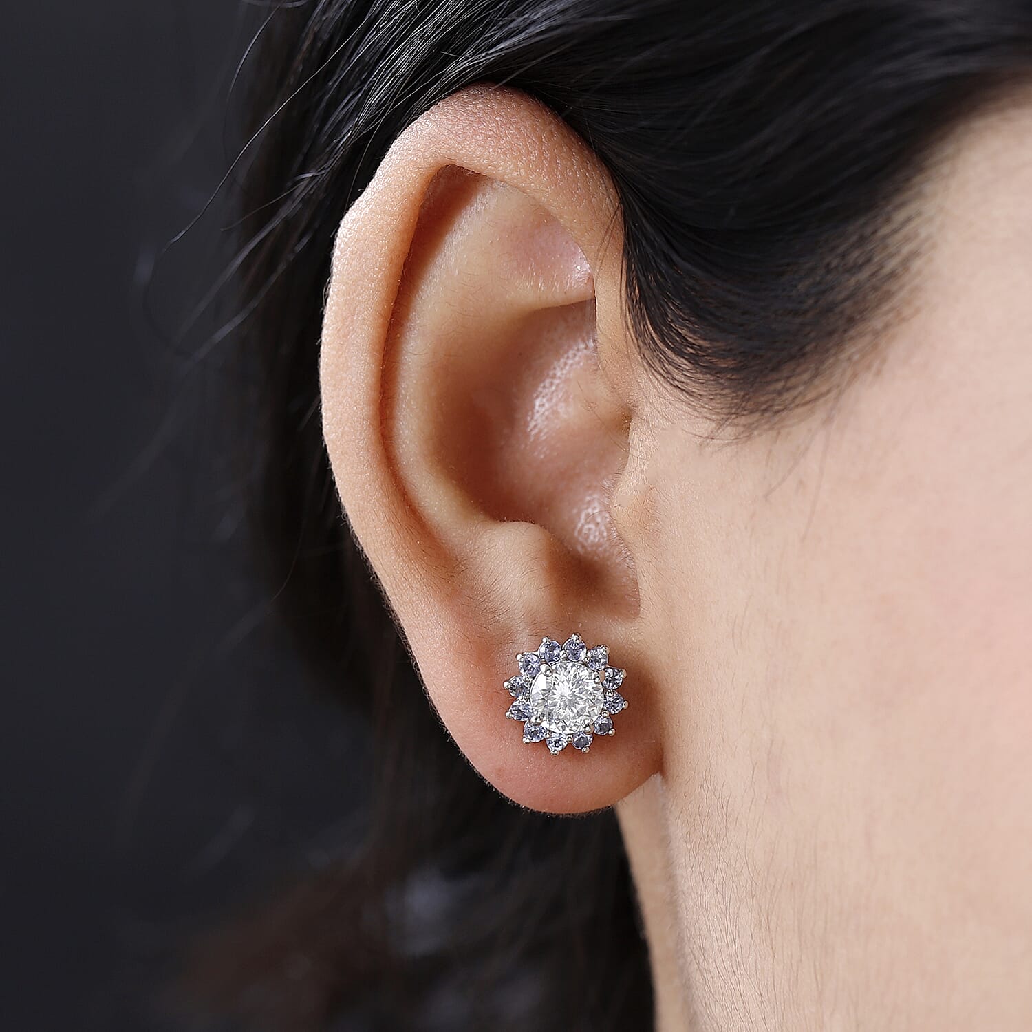 120 Facets Moissanite and Tanzanite Floral Stud Earrings in Platinum Over Sterling Silver 3.00 ctw