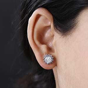 120 Facets Moissanite and Tanzanite Floral Stud Earrings in Platinum Over Sterling Silver 3.00 ctw