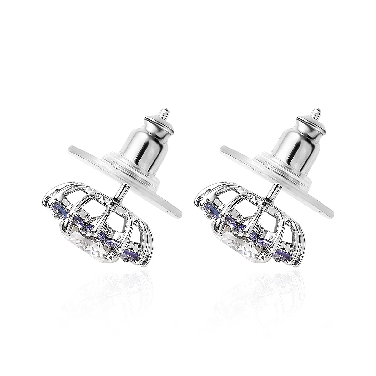 TLV 120 Facets Moissanite (Rnd 6.5mm), Tanzanite Floral Stud Earrings in Platinum Over Sterling Silver 2.90 ctw image number 3