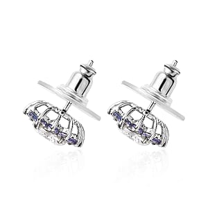 120 Facets Moissanite and Tanzanite Floral Stud Earrings in Platinum Over Sterling Silver 3.00 ctw