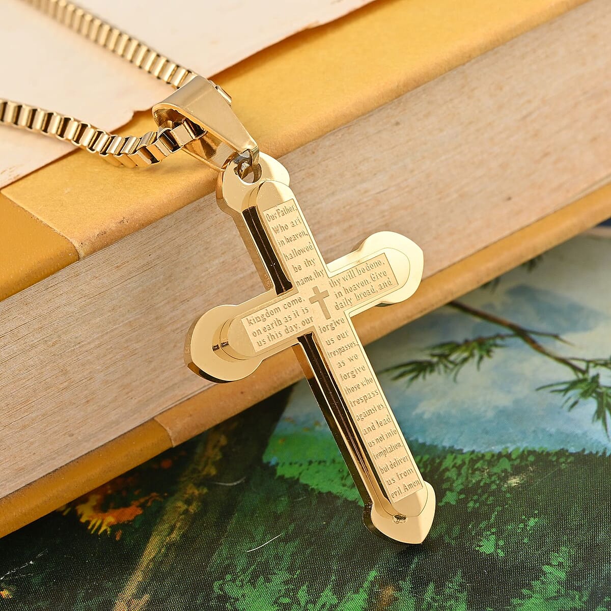 Men's Cross Pendant Necklace 24 Inches in ION Plated Yellow Gold Stainless Steel 15.75 Grams image number 1