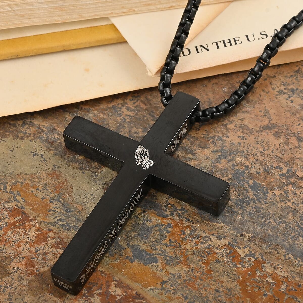 Men's Cross Pendant Necklace (24 Inches) in ION Plated Black Stainless Steel (22.50 g) | Tarnish-Free, Waterproof, Sweat Proof Jewelry image number 1