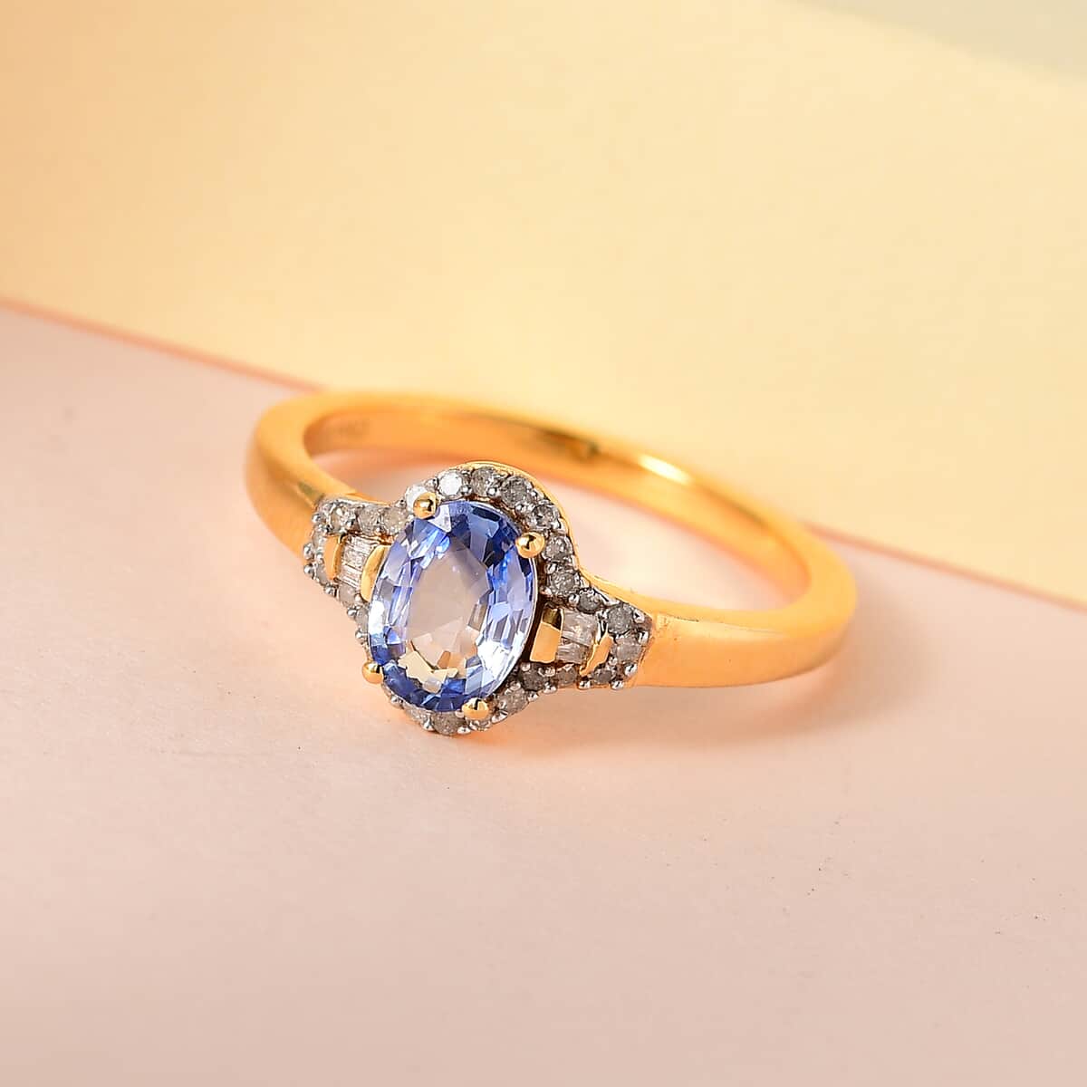 Ceylon Blue Sapphire and Diamond Ring in Vermeil Yellow Gold Over Sterling Silver (Size 8.0) 1.15 ctw image number 1