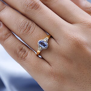 Ceylon Blue Sapphire and Diamond Ring in Vermeil Yellow Gold Over Sterling Silver (Size 9.0) 1.15 ctw