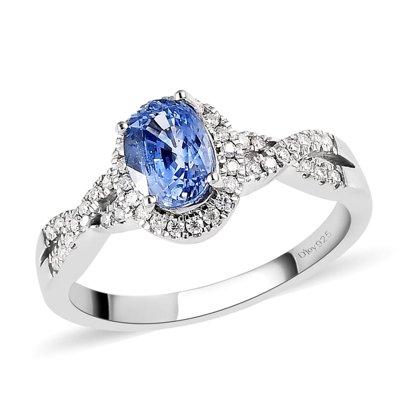 Blue Ceylon Sapphire and Moissanite Infinity Shank Ring in Platinum Over Sterling Silver (Size 10.0) 1.35 ctw