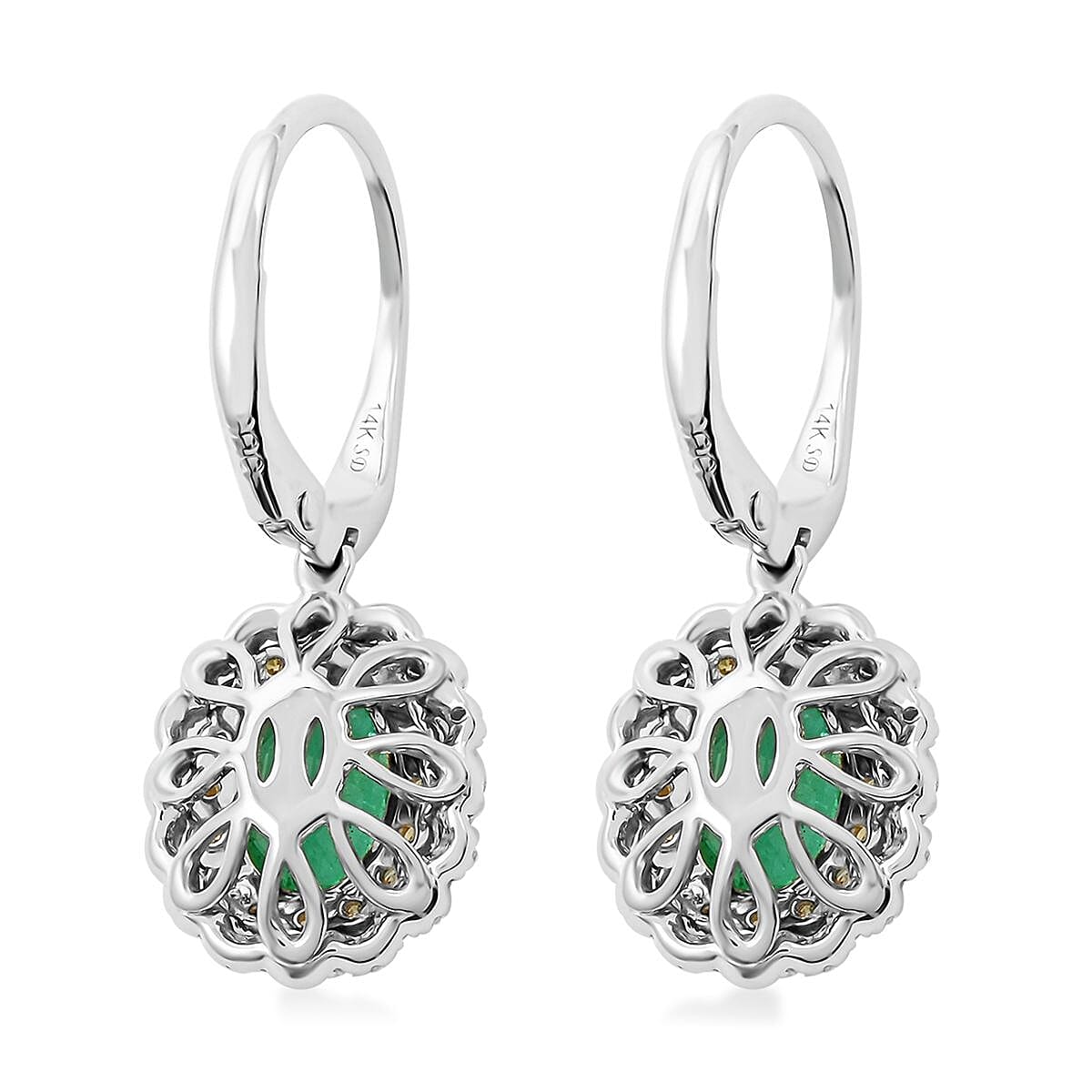 Modani 14K White Gold Emerald, Natural Yellow and White Diamond Earrings 1.90 ctw