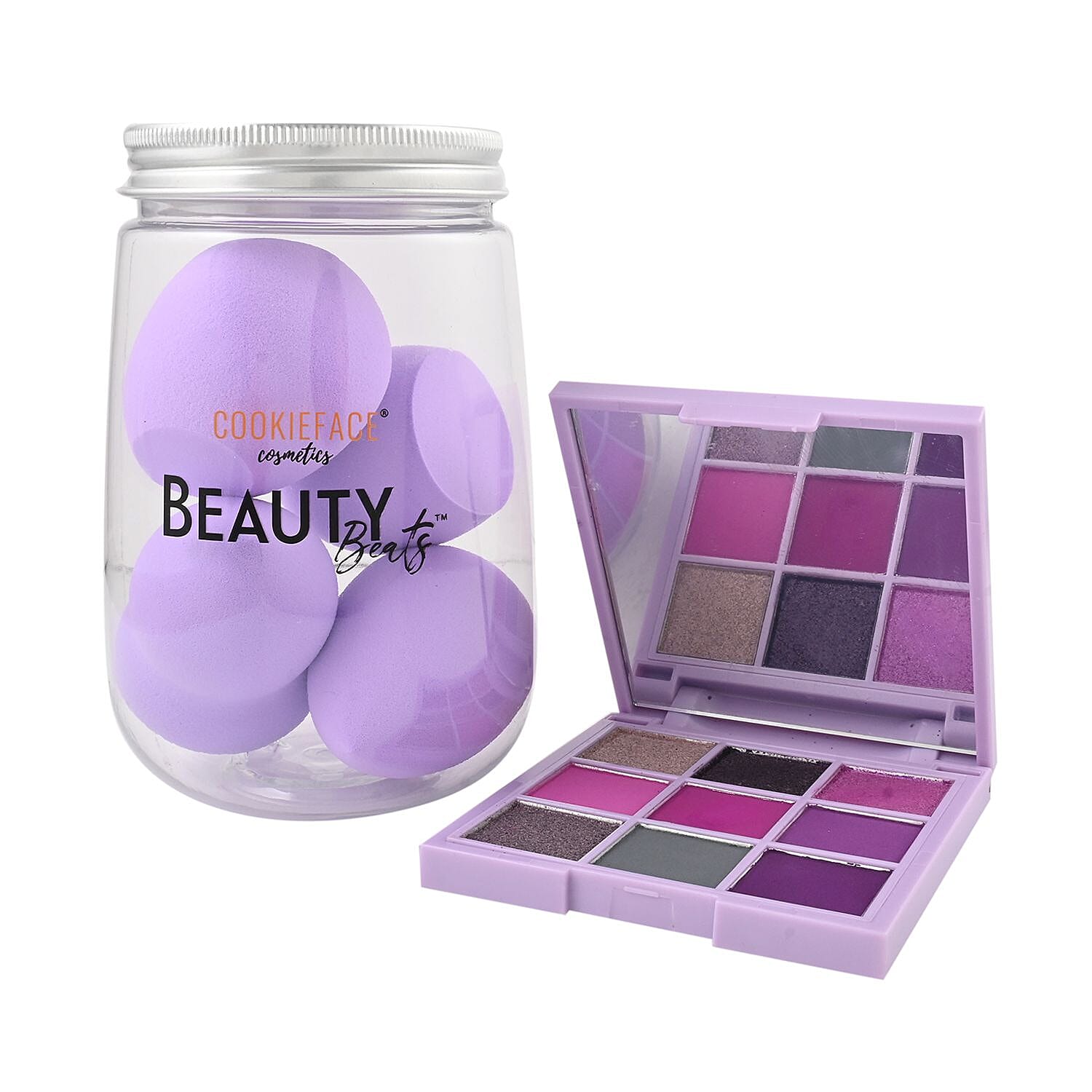 CookieFace Cosmetics- Pinch of Purple Cookie Couture Eye Shadow Palette and Beauty Beats Set , Makeup Beauty Set , Eyebrow Kit , Makeup Gift Sets Kit Box