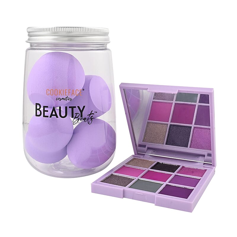 CookieFace Cosmetics- Pinch of Purple Cookie Couture Eye Shadow Palette and Beauty Beats Set , Makeup Beauty Set , Eyebrow Kit , Makeup Gift Sets Kit Box