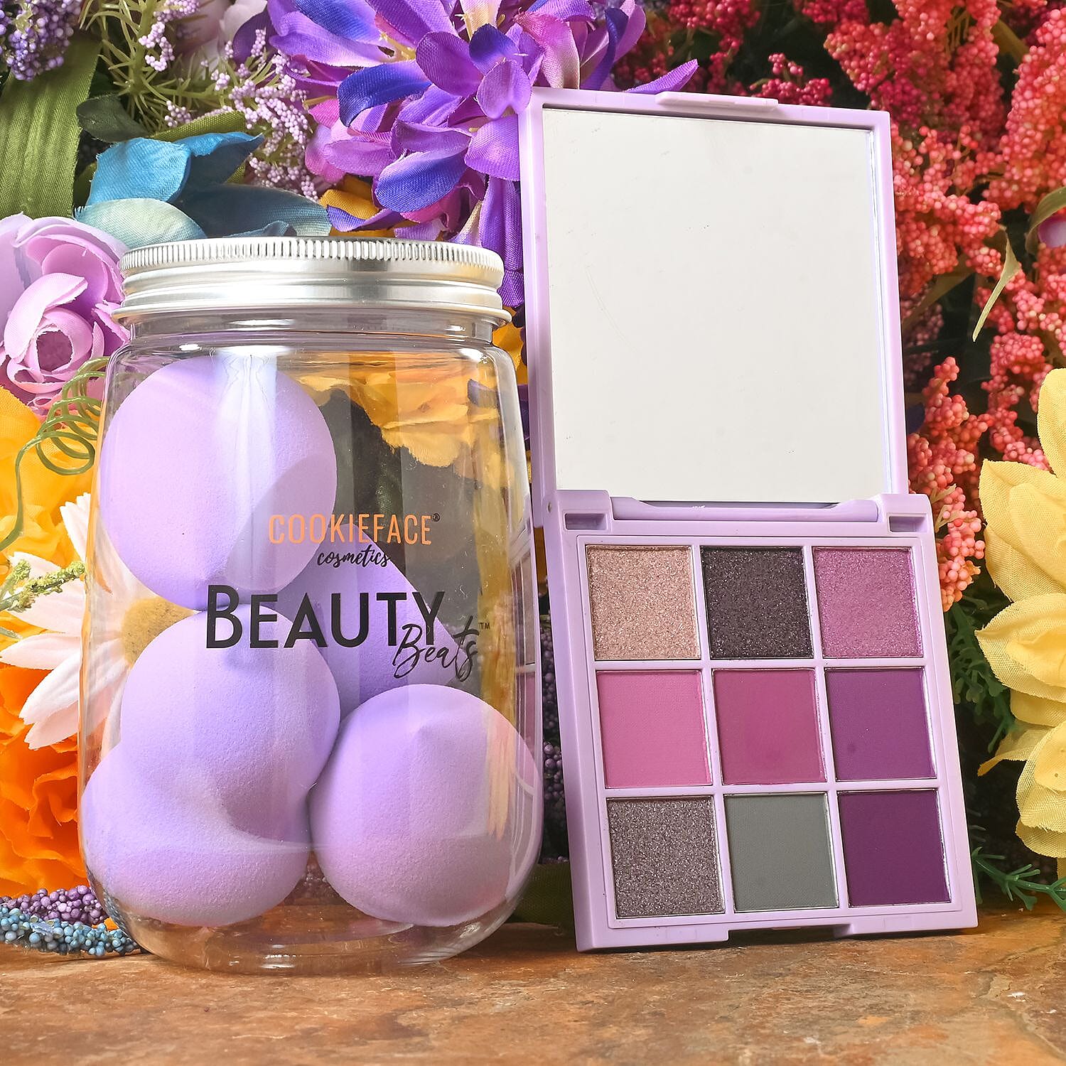 CookieFace Cosmetics- Pinch of Purple Cookie Couture Eye Shadow Palette and Beauty Beats Set , Makeup Beauty Set , Eyebrow Kit , Makeup Gift Sets Kit Box