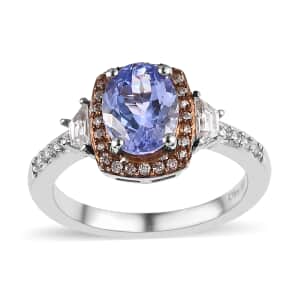 Tanzanite, Brown and White Zircon Halo Ring in Platinum Over Sterling Silver 1.85 ctw