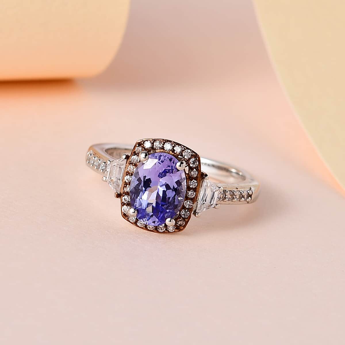Tanzanite, Brown and White Zircon Halo Ring in Platinum Over Sterling Silver (Size 10.0) 1.85 ctw image number 1