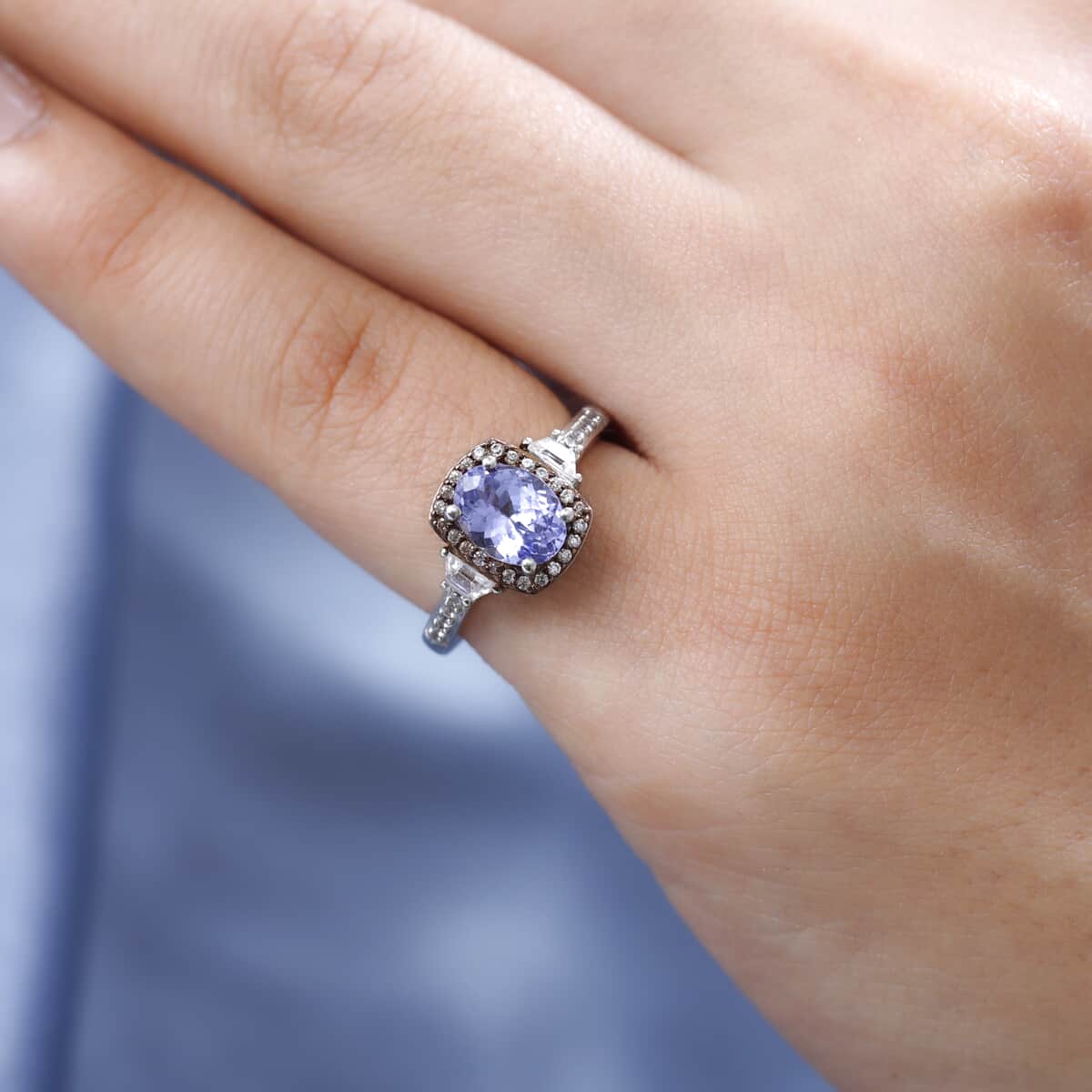 Tanzanite, Brown and White Zircon Halo Ring in Platinum Over Sterling Silver (Size 10.0) 1.85 ctw image number 2