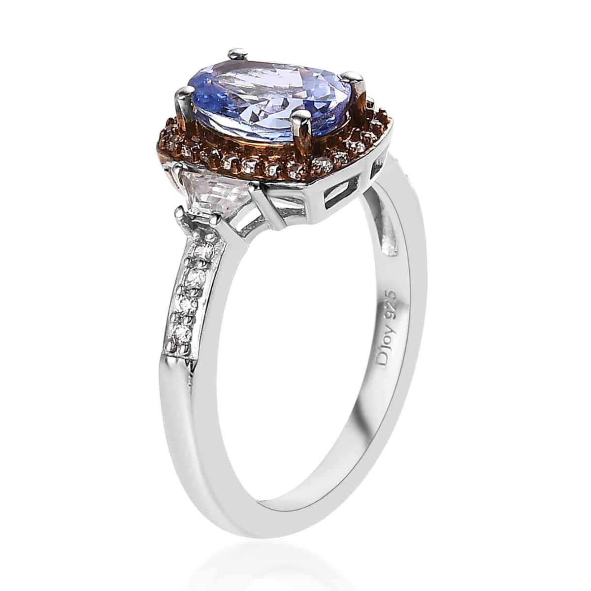 Tanzanite, Brown and White Zircon Halo Ring in Platinum Over Sterling Silver (Size 10.0) 1.85 ctw image number 3