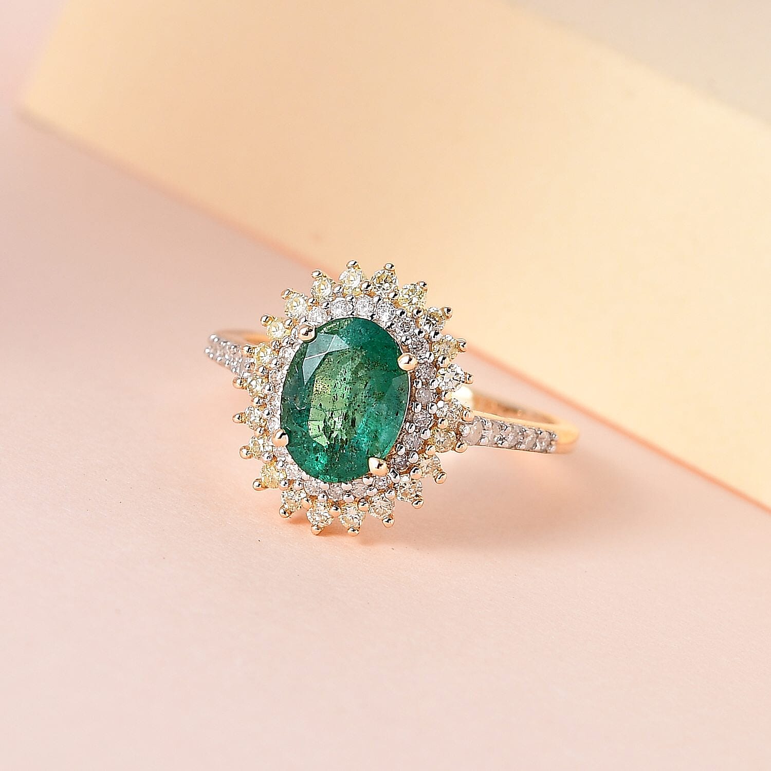 Luxoro 10K Yellow Gold AAA Kagem Zambian Emerald, Natural Yellow and White Diamond I3 Double Halo Ring (Size 10.0) 1.65 ctw