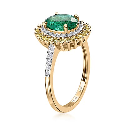 Luxoro 10K Yellow Gold AAA Kagem Zambian Emerald, Natural Yellow and White Diamond I3 Double Halo Ring (Size 10.0) 1.65 ctw