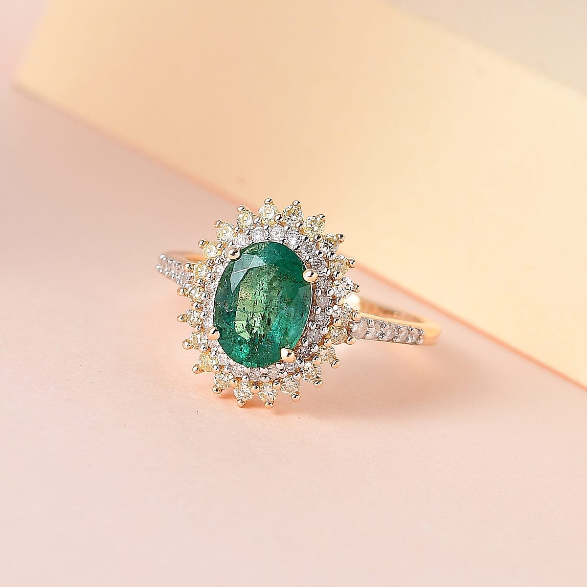 Luxoro 10K Yellow Gold AAA Kagem Zambian Emerald, Natural Yellow and White Diamond I3 Double Halo Ring (Size 7.0) 1.65 ctw image number 1