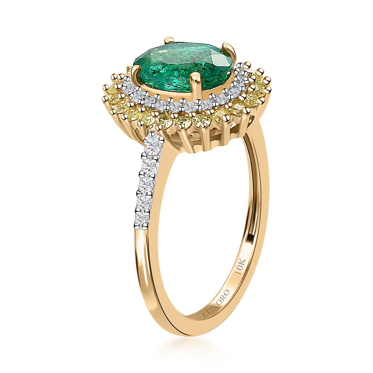 Luxoro 10K Yellow Gold AAA Kagem Zambian Emerald, Natural Yellow and White Diamond I3 Double Halo Ring (Size 7.0) 1.65 ctw image number 3