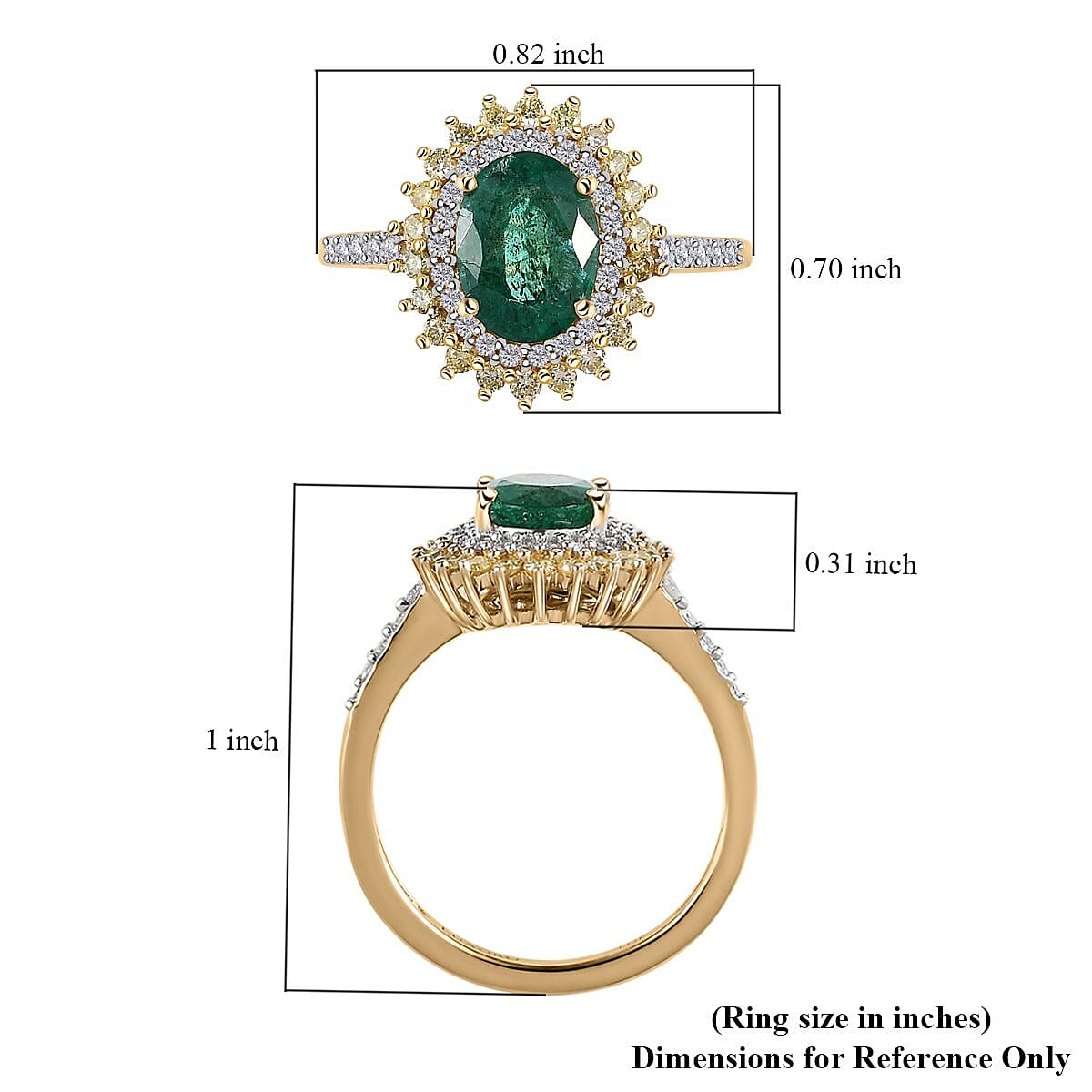 Luxoro 10K Yellow Gold AAA Kagem Zambian Emerald, Natural Yellow and White Diamond I3 Double Halo Ring (Size 7.0) 1.65 ctw image number 5