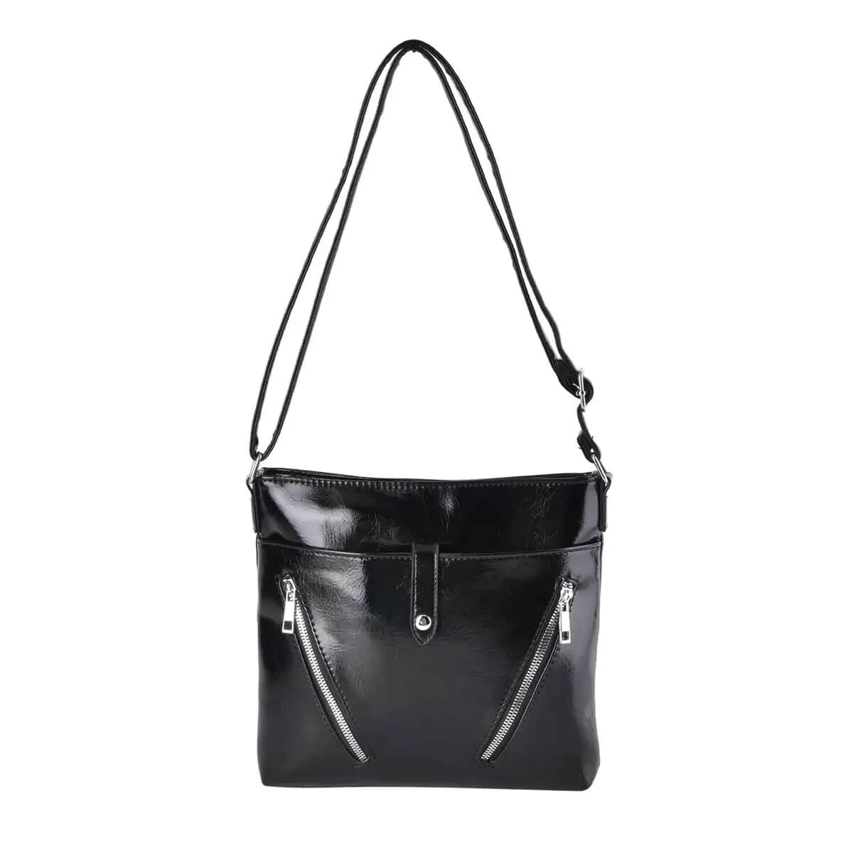 Black Faux Leather Crossbody Bag (9.45"x1.97"x9.45") with Shoulder Strap 47" image number 0