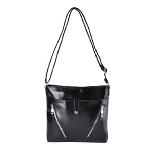 Black Faux Leather Crossbody Bag with Shoulder Strap