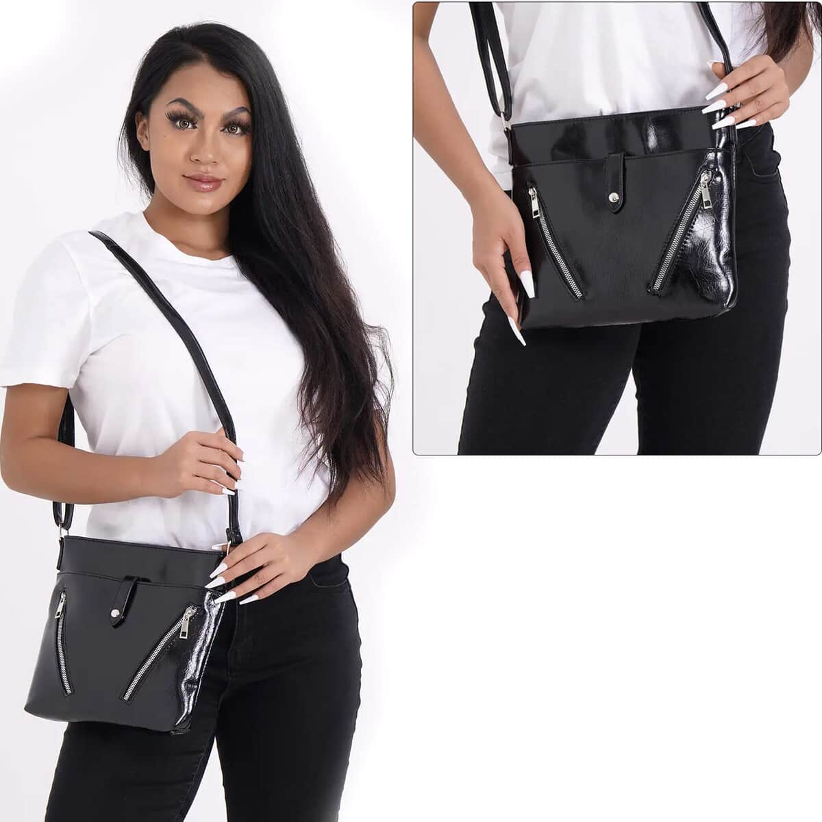 Black Faux Leather Crossbody Bag (9.45"x1.97"x9.45") with Shoulder Strap 47" image number 1