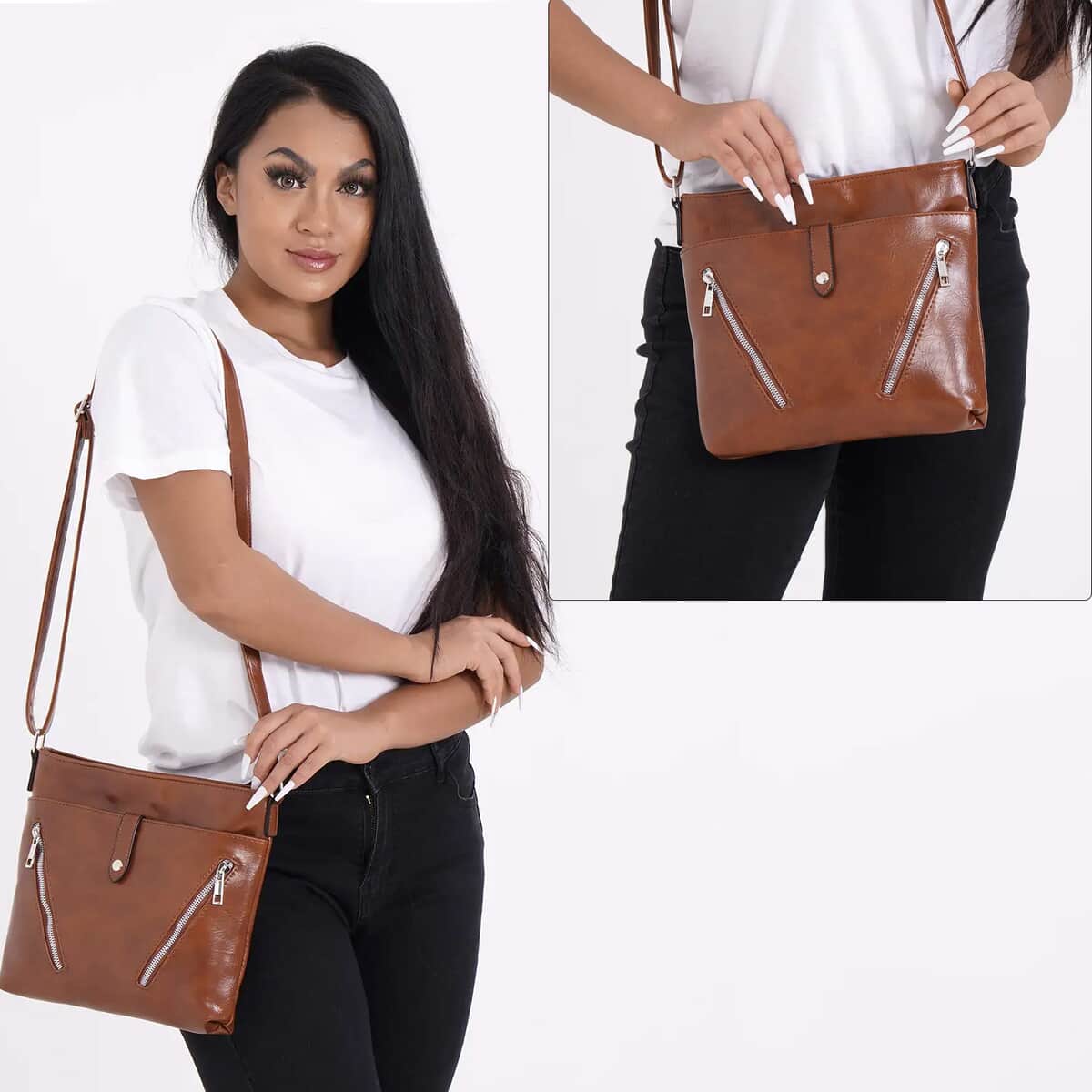 Coffee Faux Leather Crossbody Bag with Shoulder Strap image number 1