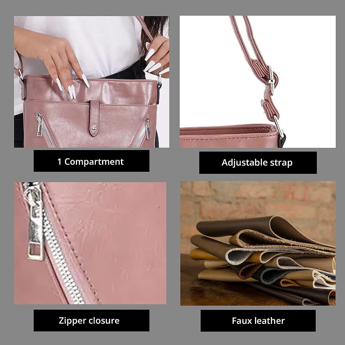 Pink Faux Leather Crossbody Bag with Shoulder Strap image number 3