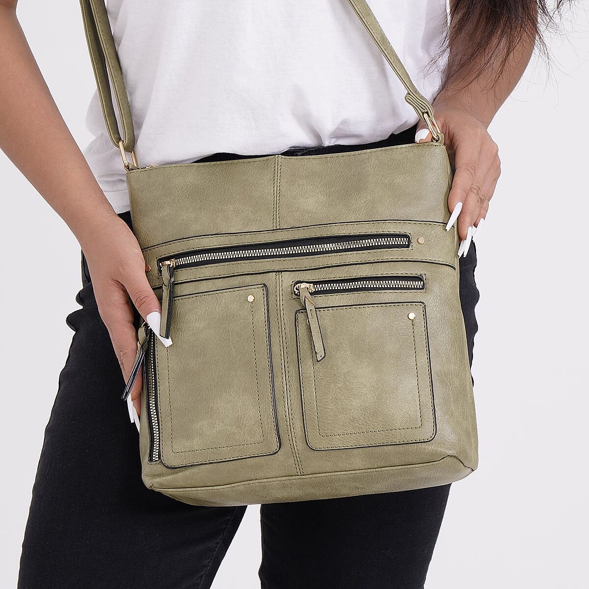 Dark Green Color Faux Leather Crossbody Bag with Shoulder Strap image number 2
